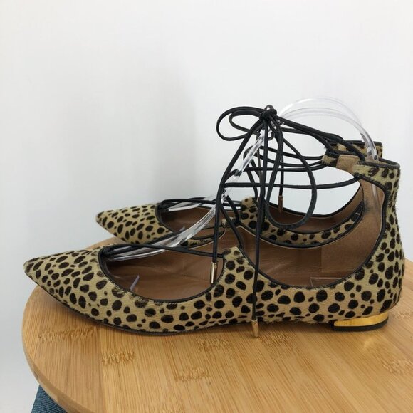 AQUAZZURA Christy Leopard-print Calf Hair Point-toe ankle wrap Flats 37.5 - Picture 3 of 16